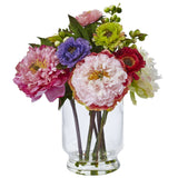 10.5" Artificial Peony and Mum in Glass Vase"