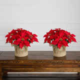 13" Artificial Poinsettia Arrangement in Burlap Planter - Set of 2