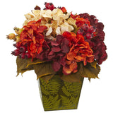 13” Autumn Hydrangea Berry Artificial Arrangement in Green Vase
