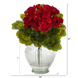 13” Geranium Artificial Plant in Glass Planter UV Resistant (Indoor/Outdoor)