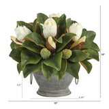 13” Magnolia Artificial Bud Plant in Vintage Bowl with Copper Trimming