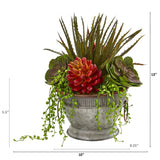 13” Mixed Succulent Artificial Plant in Vintage Metal Bowl