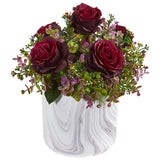 13” Roses & Eucalyptus Artificial Arrangement in Marble Finished Vase