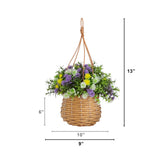 13” UV Resistant Artificial Dandelion and Rosemary in Woven Hanging Basket (Indoor/Outdoor) -Set of 2