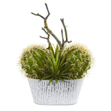 14” Cactus and Agave Succulent Artificial Plant in White Tin Planter