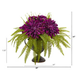 14” Dahlia and Fern Artificial Arrangement in Metal Goblet