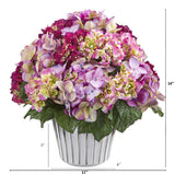 14” Hydrangea Arrangement in White Vase Silver Trimming