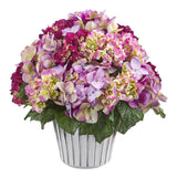 14” Hydrangea Arrangement in White Vase Silver Trimming
