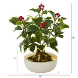 14” Variegated Holly Leaf Artificial Plant in Gold and Cream Elegant Vase (Real Touch)