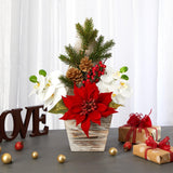 15” Poinsettia and Orchid Artificial Arrangement in Christmas Tree Vase