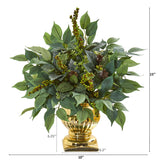 15” Royal Ficus and Fittonia Artificial Plant in Gold Urn