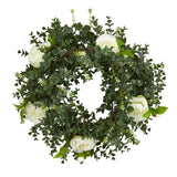 18” Eucalyptus and Camellia Double Ring Artificial Wreath with Twig Base