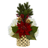 18” Hydrangea, Poinsettia, Berry and Pine Artificial Arrangement in Gold Vase