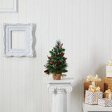 18” Mixed Pine Artificial Christmas Tree with Holly Berries, Pinecones, 35 Clear LED Lights and Burlap Base