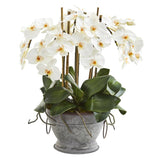 18” Phalaenopsis Orchid Artificial Arrangement in Vintage Bowl with Copper Trimming