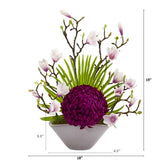 19” Mum, Magnolia and Fan Palm Artificial Arrangement in Vase