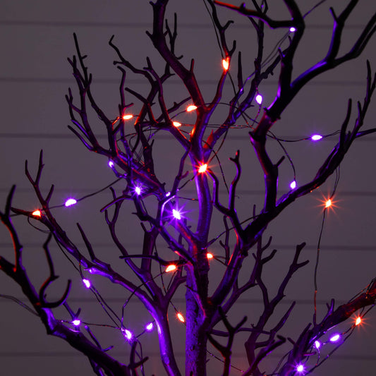 2' Pre-Lit Artificial Halloween Black Spooky Twig Tree with 60 Orange & Purple Copper Wire String LED Lights