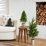 20" Artificial Real Touch Down Swept Norfolk Island Pine in Christmas Tin Metal Planter with Natural Look