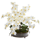 21” Phalaenopsis Orchid Artificial Arrangement in Metal Tray with Copper Trimming