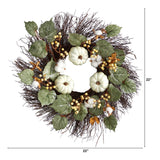 22” Autumn Green Pumpkin, Cotton and Berries Artificial Fall Wreath