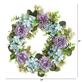 22” Blue Hydrangea and Purple Rose Artificial Wreath