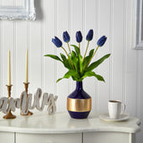 22” Dutch Tulip Artificial Arrangement in Blue and Gold Designer Vase