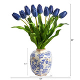 22” Dutch Tulip Artificial Arrangement in Blue and White Print Planter