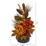 22” Peony, Pear and Magnolia Leaf Artificial Arrangement in Black Vase with Copper Rim