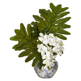 22” Phalaenopsis Orchid and Philo Leaf Arrangement in Vase