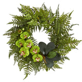 23” Mixed Greens and Phalaenopsis Orchid Artificial Wreath