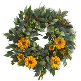 23” Mixed Greens and Zinnia Artificial Wreath