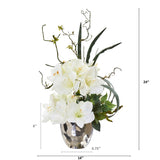 24” Amaryllis and Mixed Greens Arrangement in Silver Bowl