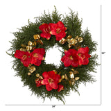 24” Cedar, Amaryllis and Metallic Eucalyptus Artificial Wreath