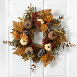 24” Fall Pumpkins, Pine Cones and Berries Artificial Wreath