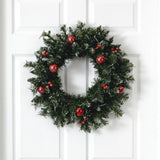 24” Frosted Artificial Christmas Wreath with 50 Warm White LED Lights, Ornaments and Berries