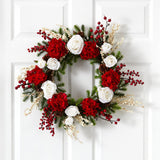24" Hydrangea w/White Roses Wreath"