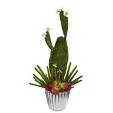24” Mixed Cactus and Succulent Artificial Plant in White Planter with Silver Trimming