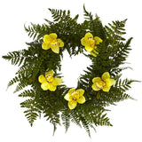 24” Cymbidium Orchid and Mixed Fern Artificial Wreath