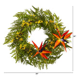 24” Mixed Fern, Forsythia and Bird of Paradise Artificial Wreath