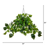 24” UV Resistant Artificial Philodendron with 50 Warm White LED Lights in White Hanging Basket
