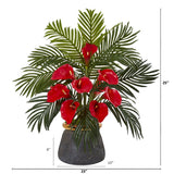 25” Calla Lilly and Areca Palm Arrangement in Stoneware Vase