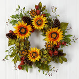 26” Fall Hydrangea, Sunflower and Pinecones Artificial Autumn Wreath