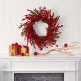 28” Cypress Artificial Wreath with Berries and Pine Cones