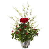 29” Rose, Cherry Blossom and Holly Leaf Artificial Arrangement in Silver Bowl