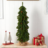 3’ Artificial Christmas Tree with Pinecones and 50 Multicolored Lights Set in a Burlap Base