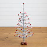3' Artificial Retro Silver Tinsel  Christmas Tree with 45 Red Mini Ornament Balls and Wooden Base
