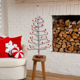 3' Artificial Retro Silver Tinsel  Christmas Tree with 45 Red Mini Ornament Balls and Wooden Base