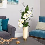 3’ Phalaenopsis Orchid Artificial Arrangement in Cream Vase with Gold Base