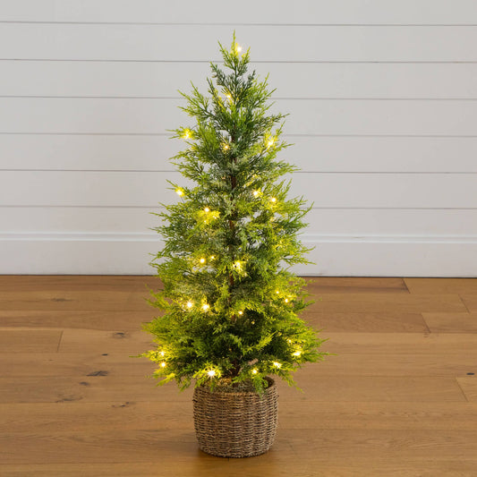 3'  Pre-Lit Artificial Lightly Snowed Cypress Christmas Tree with 38 Warm White LED Lights in Decorative Weaved Basket