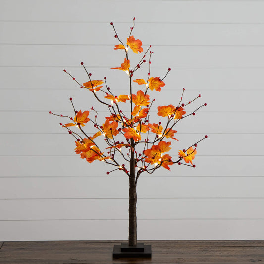 3' Pre-Lit Autumn Maple Artificial Fall Tree with Berries and 36 Warm White LED Lights
